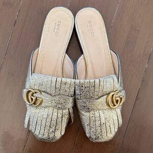 Gucci Marmont GG Gold Women's Mules with Fringe Detail